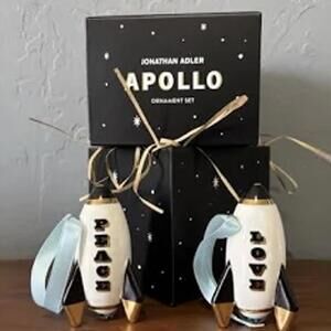 Jonathan Adler ~ Apollo Space Ship Ornament Set ~ Love/Peace ~ Black Gold White